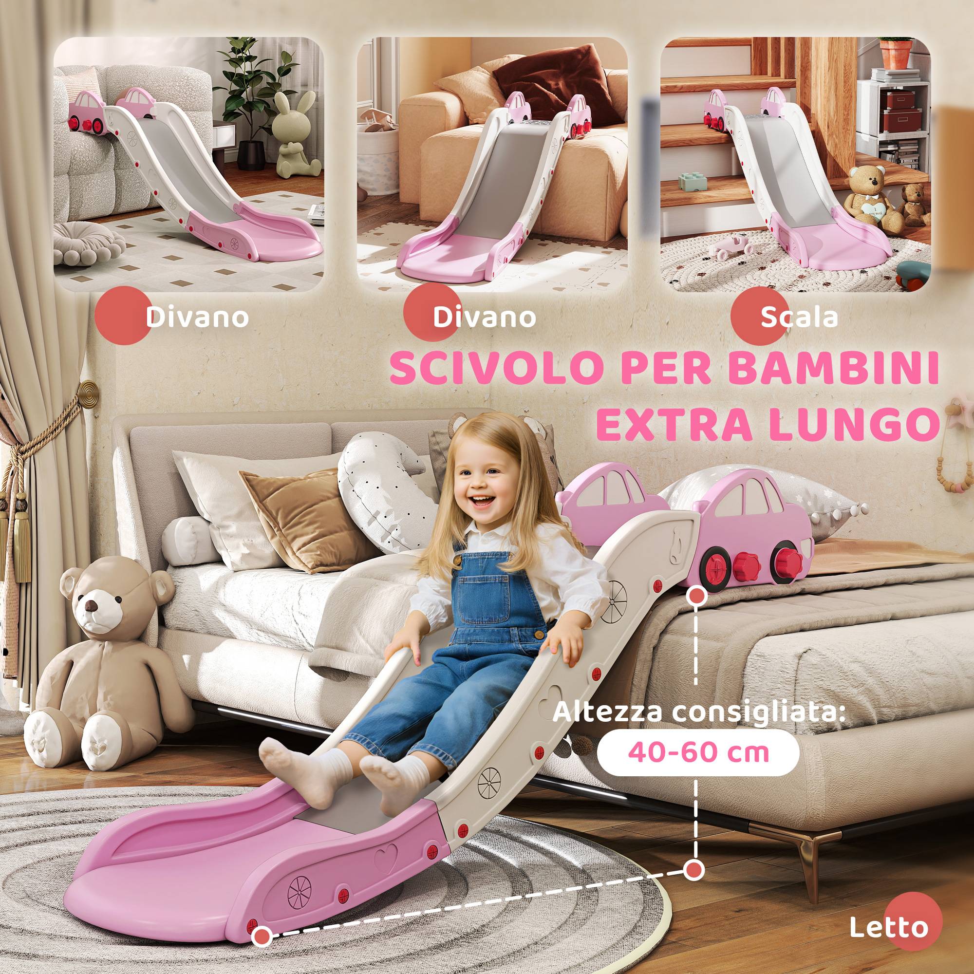 Toboggan pour enfants en PEHD avec zone de rembourrage intégrée, pour canapés et lits, de 18 à 48 mois, rose - Image 6