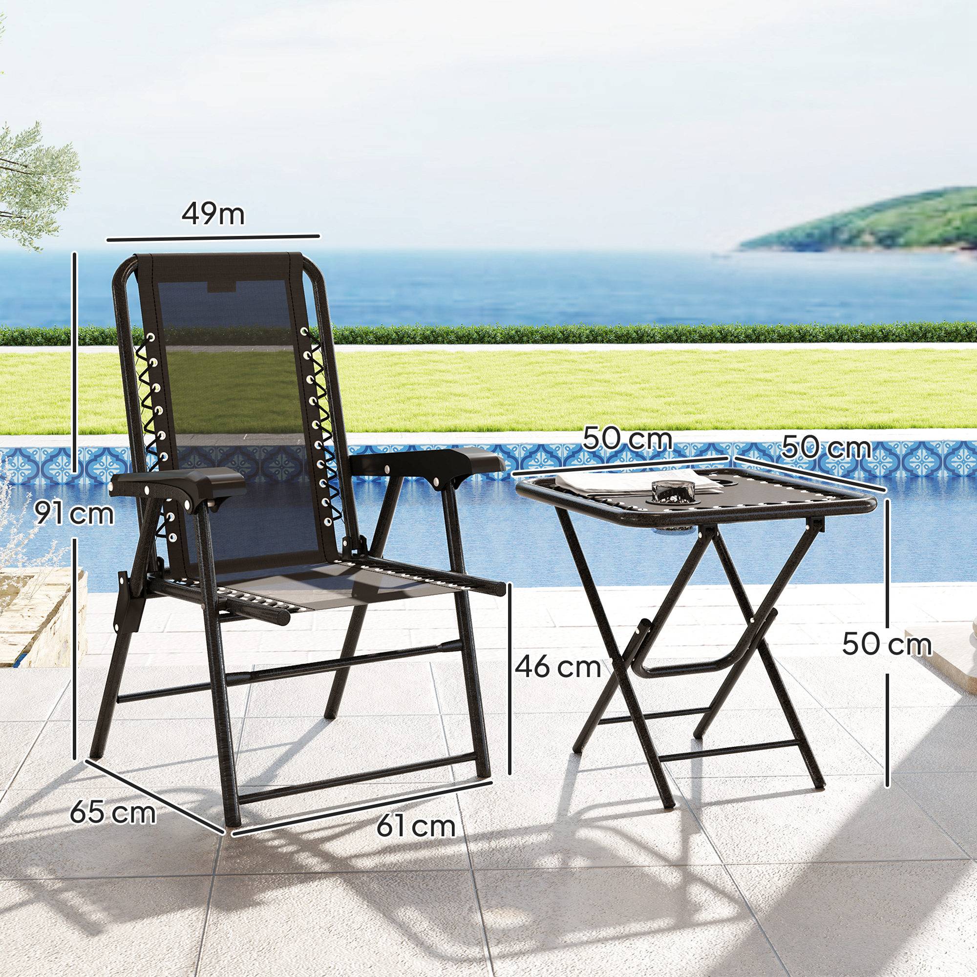 Ensemble bistro 3 pièces acier : résistant, table pliante + porte-gobelet + chaises, noir - Image 3