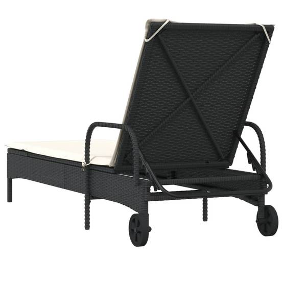 Chaise longue | Transat | Bain de soleil avec roues et coussin noir résine tressée - Image 6