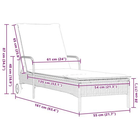 Chaise longue | Transat | Bain de soleil avec roues et coussin noir résine tressée - Image 10