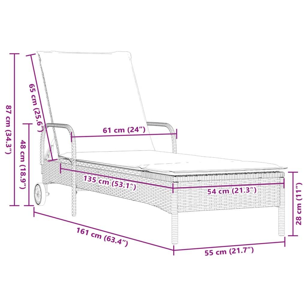 Chaise longue | Transat | Bain de soleil avec roues et coussin noir résine tressée - Image 10