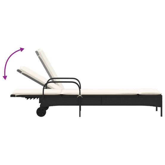 Chaise longue | Transat | Bain de soleil avec roues et coussin noir résine tressée - Image 7
