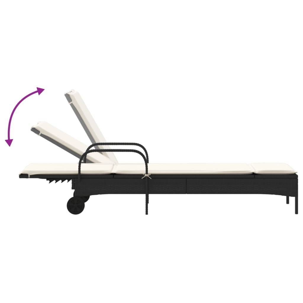 Chaise longue | Transat | Bain de soleil avec roues et coussin noir résine tressée - Image 7