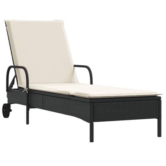 Chaise longue | Transat | Bain de soleil avec roues et coussin noir résine tressée - Image 1