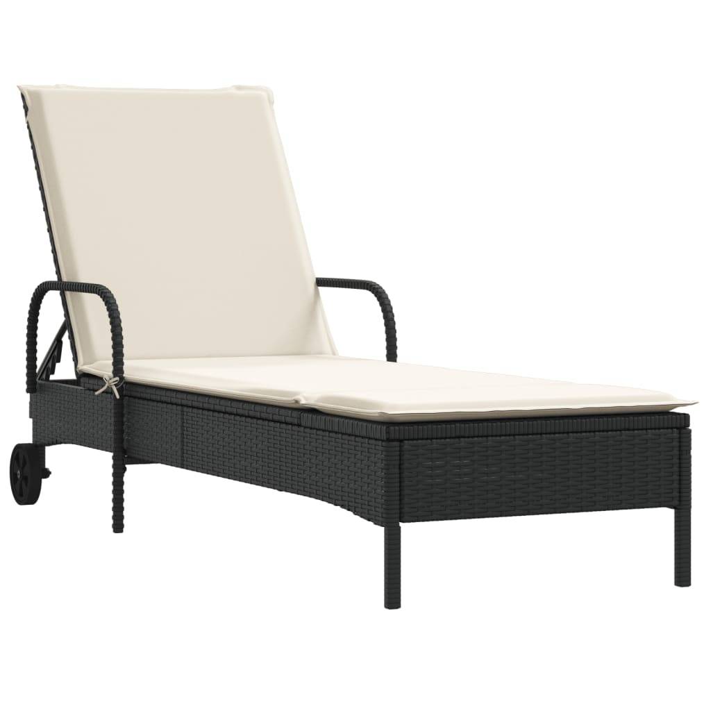 Chaise longue | Transat | Bain de soleil avec roues et coussin noir résine tressée - Image 1