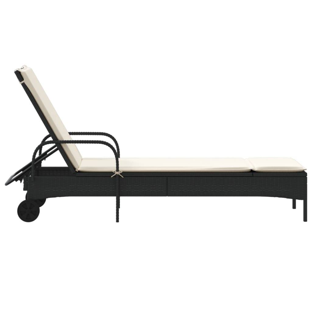 Chaise longue | Transat | Bain de soleil avec roues et coussin noir résine tressée - Image 5