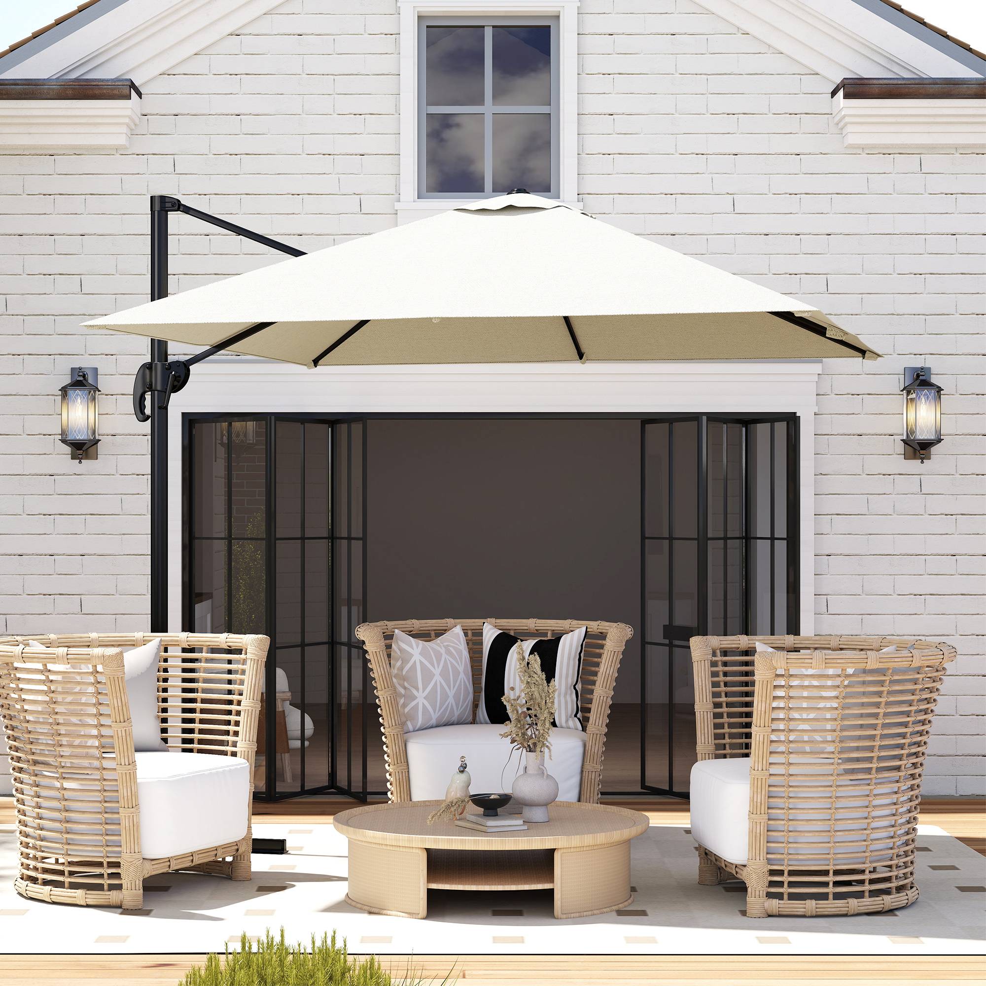 Parasol déporté carré inclinable manivelle avec pied en acier 2,5x2,5l m alu. polyester crème fr309 - Image 3