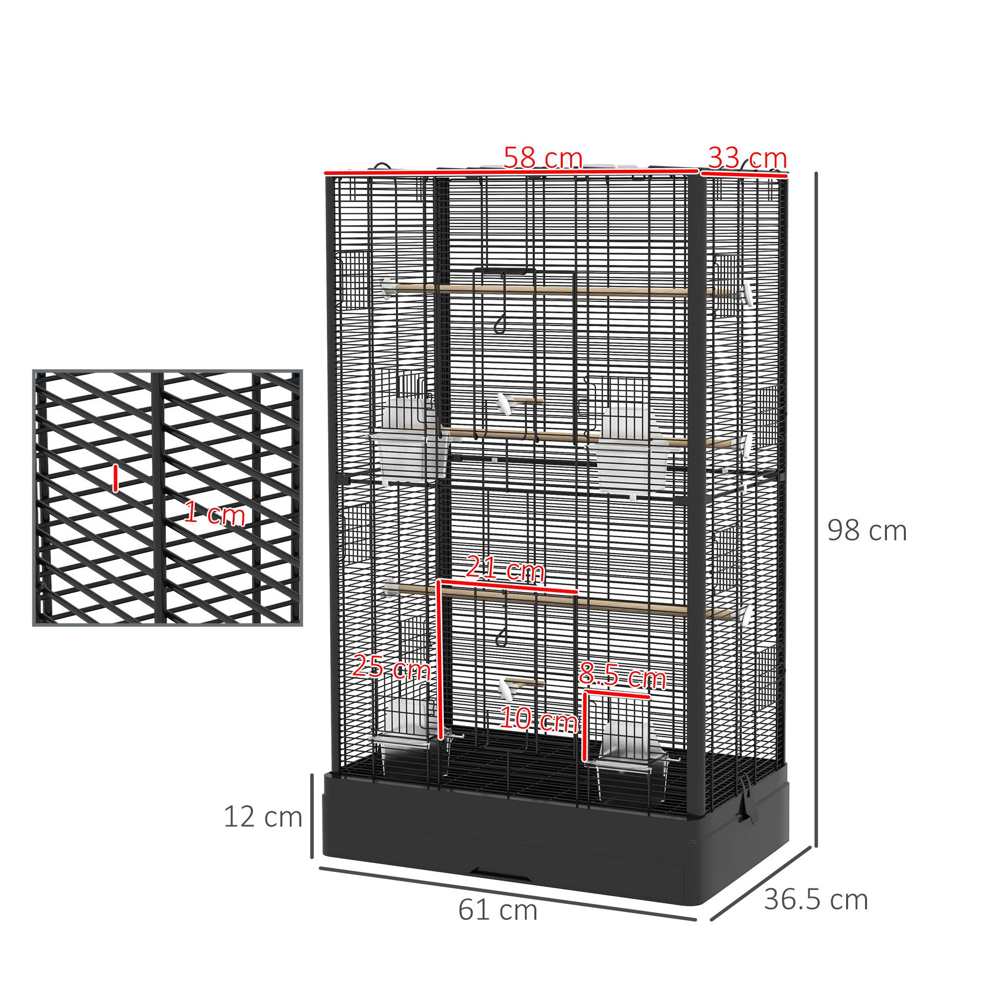 Cage pour oiseaux avec bac amovible et perchoirs, volière pour perroquets, 61x36,5x98 cm, noir - Image 5
