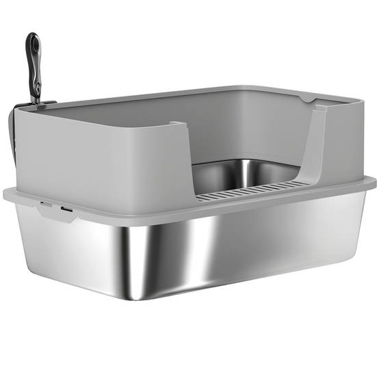 Bac à Litière Extra-Large Gris - 60x40x29,5cm en Acier Inoxydable Étanche avec Bords Hauts et Pelle - Image 2