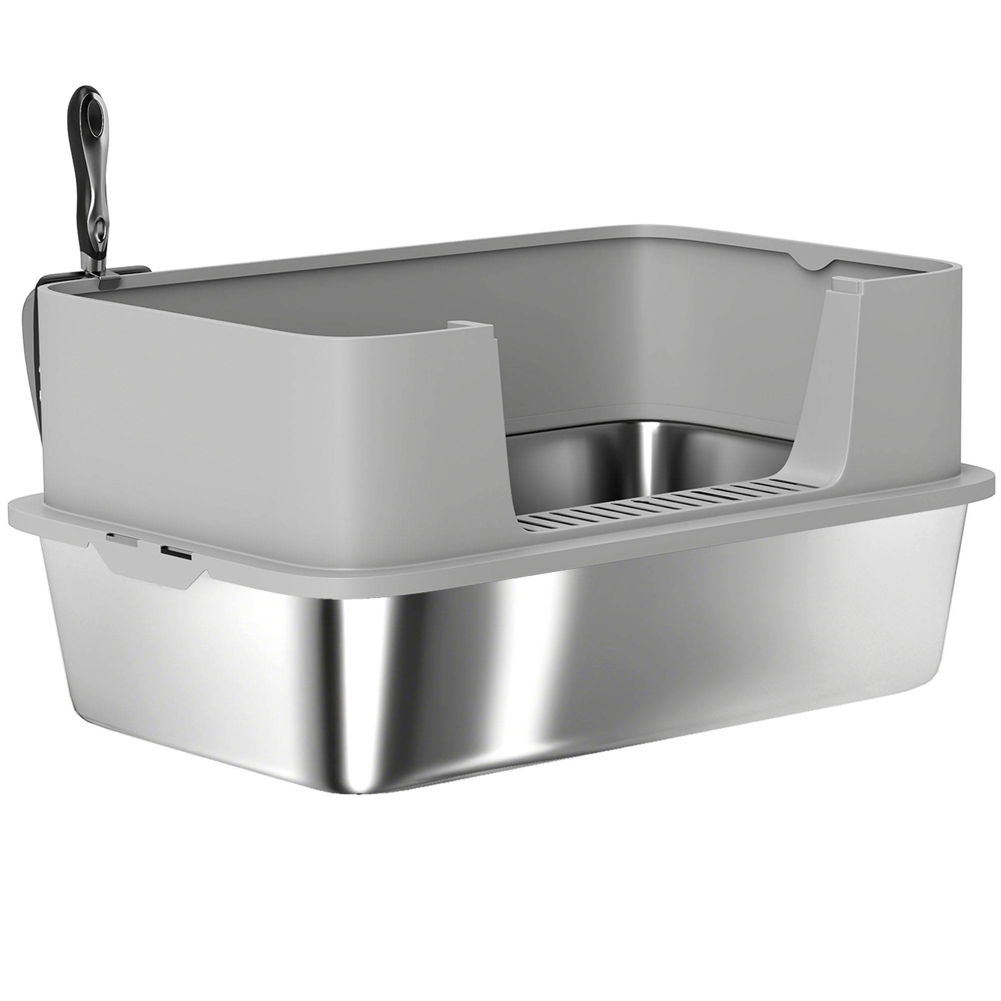 Bac à Litière Extra-Large Gris - 60x40x29,5cm en Acier Inoxydable Étanche avec Bords Hauts et Pelle - Image 2
