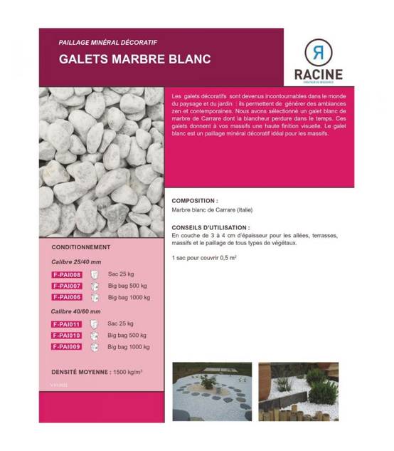 Galets de marbre blanc de Carrare calibre 40 à 60 mm en sac de 10 kg Galets de marbre blanc de Carrare calibre 40 à 60 mm en sac de 10 kg