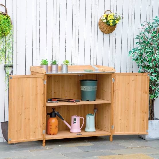 Armoire de Jardin sur Pied 2 en 1 avec Table de Rempotage, Double Porte, Plateau Acier Galvanisé, Bois de Cèdre - Image 4
