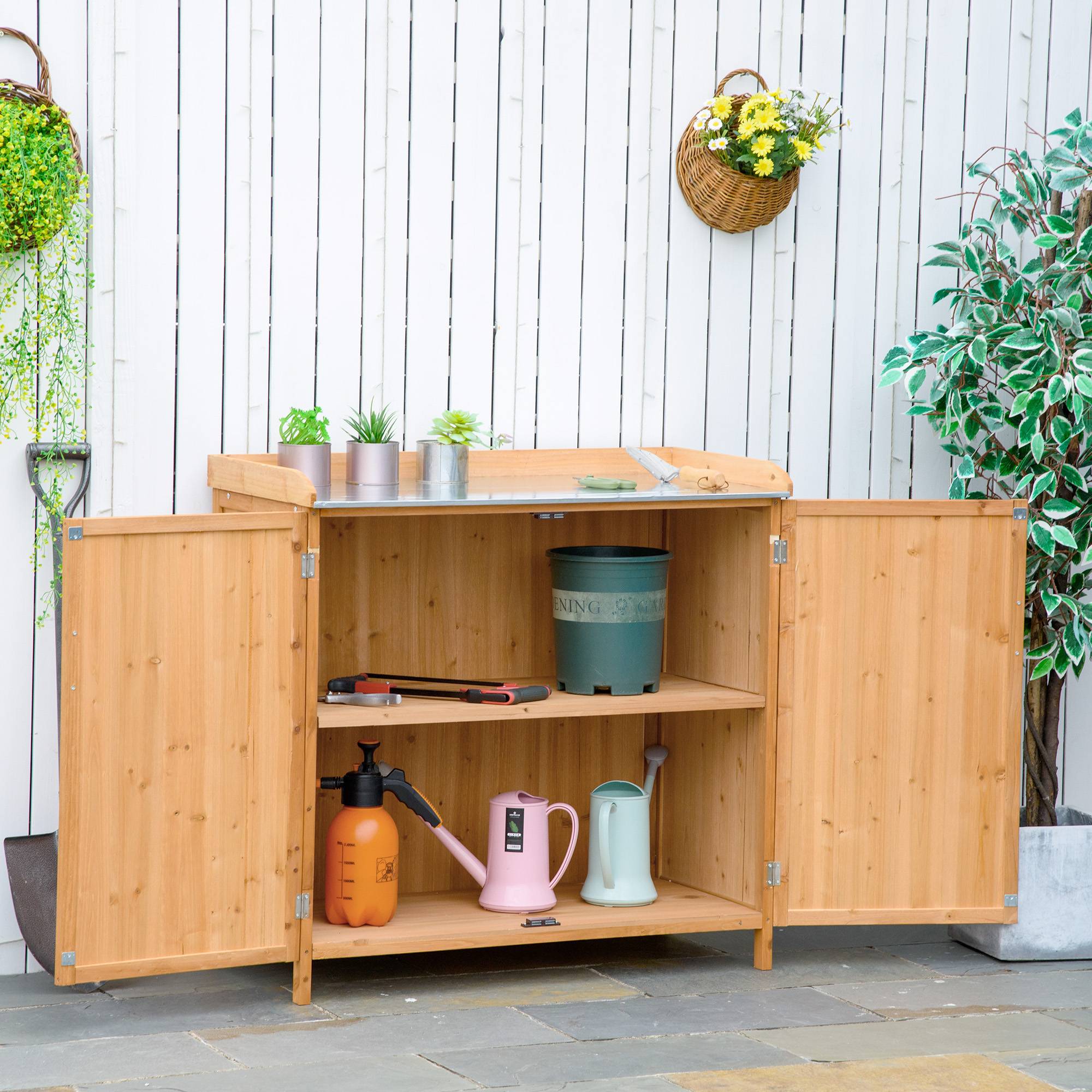 Armoire de Jardin sur Pied 2 en 1 avec Table de Rempotage, Double Porte, Plateau Acier Galvanisé, Bois de Cèdre - Image 4