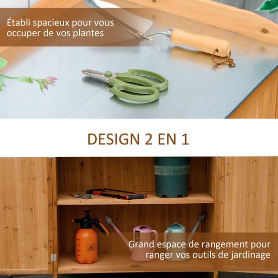 Armoire de Jardin sur Pied 2 en 1 avec Table de Rempotage, Double Porte, Plateau Acier Galvanisé, Bois de Cèdre - Image 6
