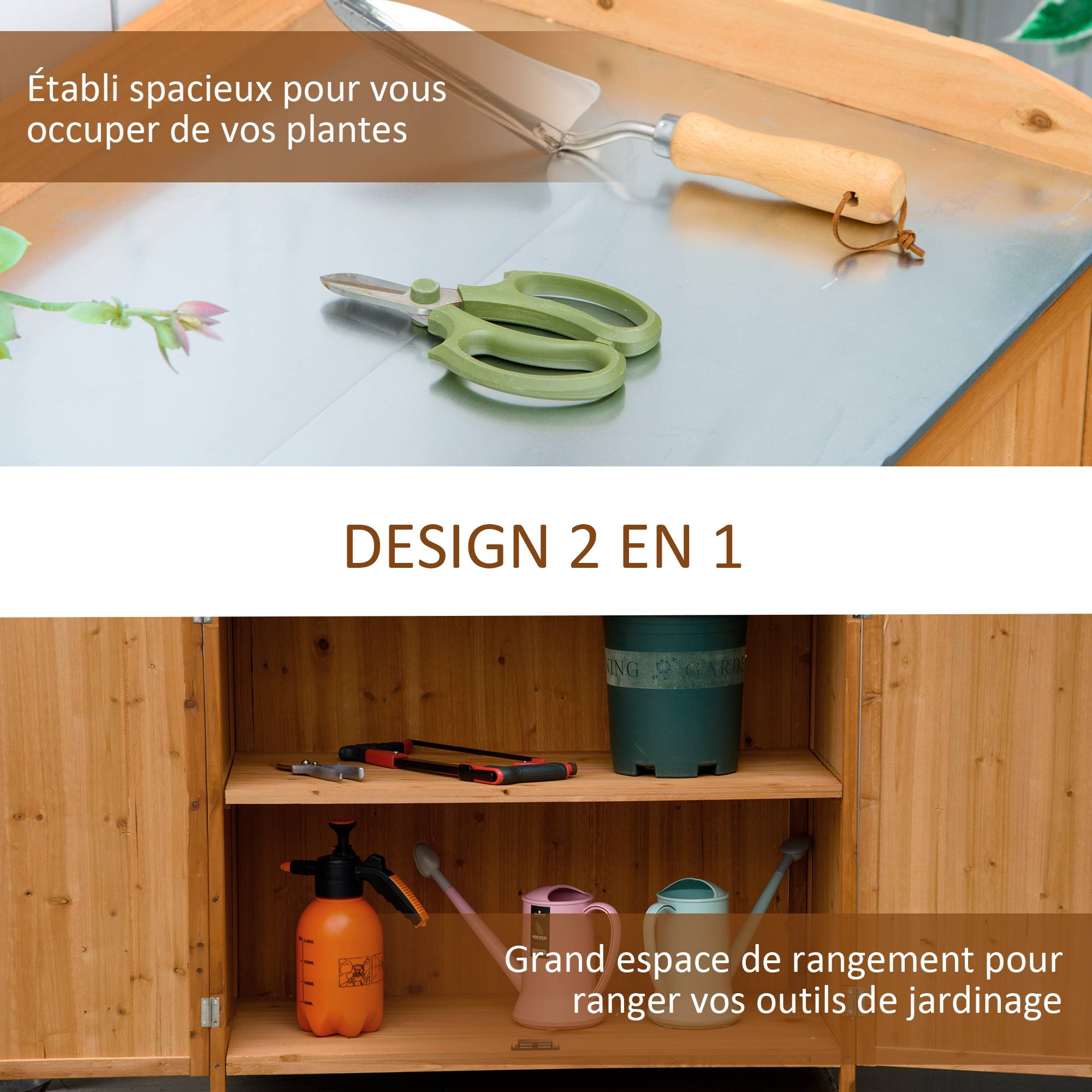 Armoire de Jardin sur Pied 2 en 1 avec Table de Rempotage, Double Porte, Plateau Acier Galvanisé, Bois de Cèdre - Image 6