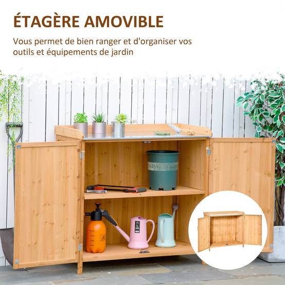Armoire de Jardin sur Pied 2 en 1 avec Table de Rempotage, Double Porte, Plateau Acier Galvanisé, Bois de Cèdre - Image 8