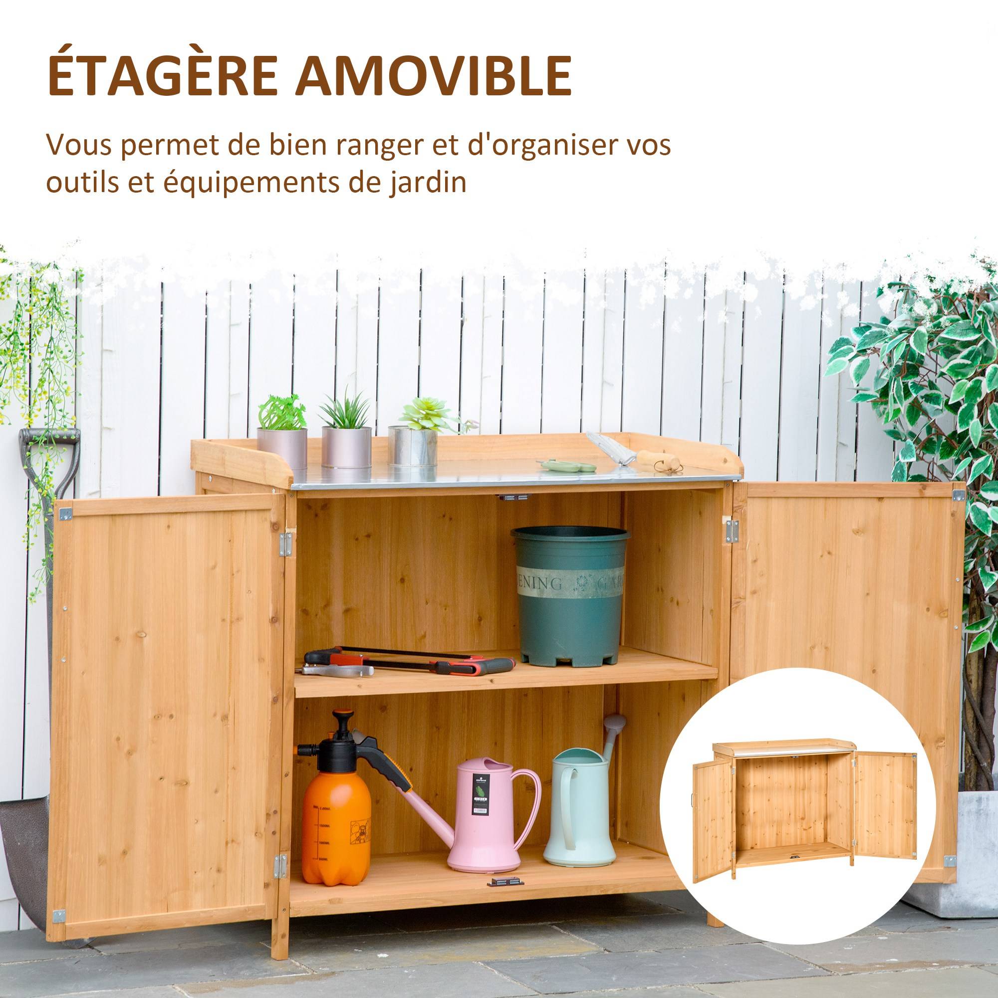 Armoire de Jardin sur Pied 2 en 1 avec Table de Rempotage, Double Porte, Plateau Acier Galvanisé, Bois de Cèdre - Image 8
