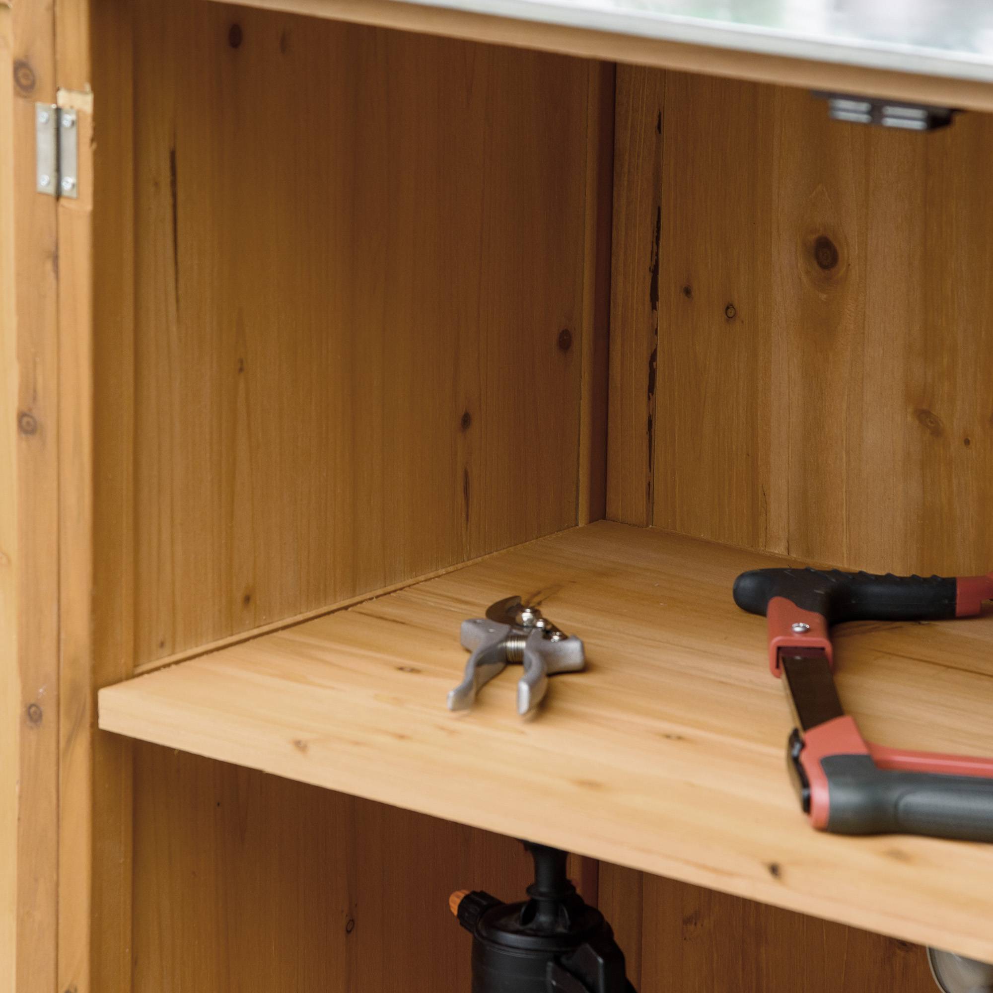 Armoire de Jardin sur Pied 2 en 1 avec Table de Rempotage, Double Porte, Plateau Acier Galvanisé, Bois de Cèdre - Image 10