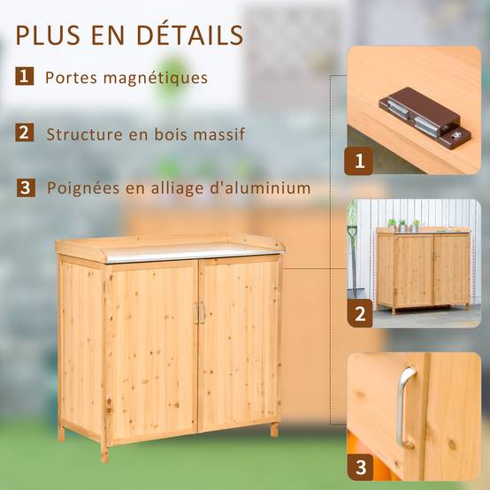 Armoire de Jardin sur Pied 2 en 1 avec Table de Rempotage, Double Porte, Plateau Acier Galvanisé, Bois de Cèdre - Image 9