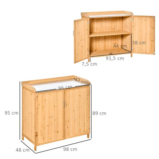Armoire de Jardin sur Pied 2 en 1 avec Table de Rempotage, Double Porte, Plateau Acier Galvanisé, Bois de Cèdre - Image 5