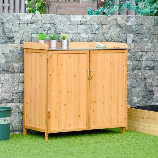 Armoire de Jardin sur Pied 2 en 1 avec Table de Rempotage, Double Porte, Plateau Acier Galvanisé, Bois de Cèdre - Image 3
