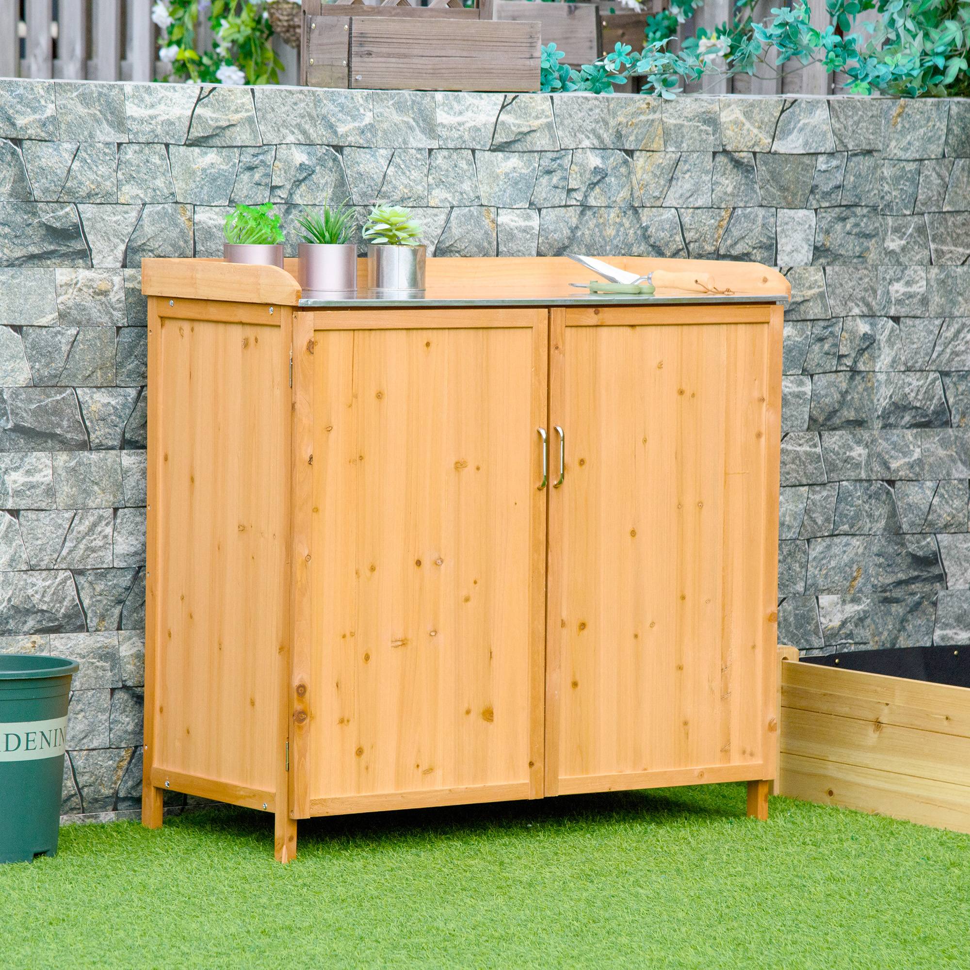 Armoire de Jardin sur Pied 2 en 1 avec Table de Rempotage, Double Porte, Plateau Acier Galvanisé, Bois de Cèdre - Image 3