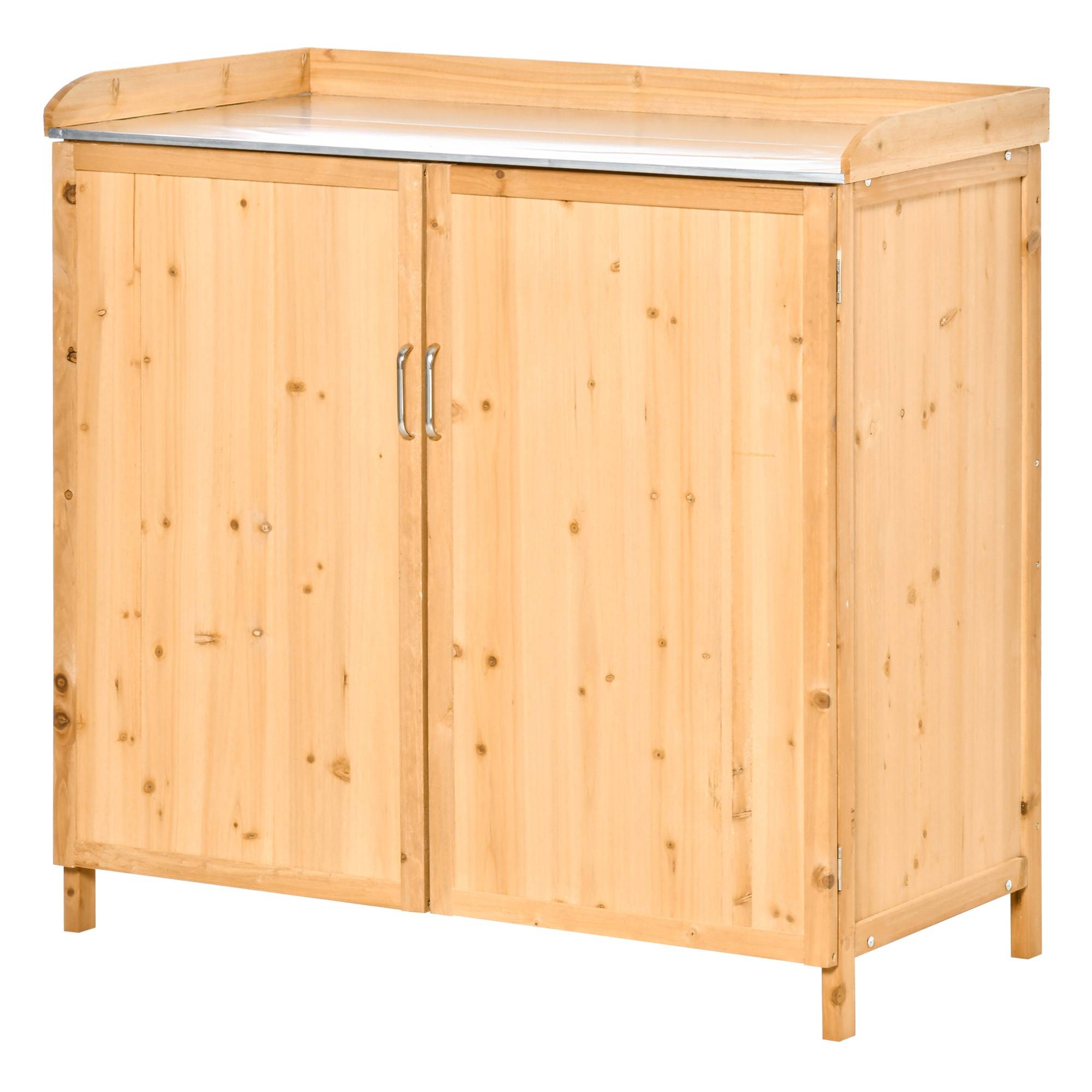 Armoire de Jardin sur Pied 2 en 1 avec Table de Rempotage, Double Porte, Plateau Acier Galvanisé, Bois de Cèdre - Image 2