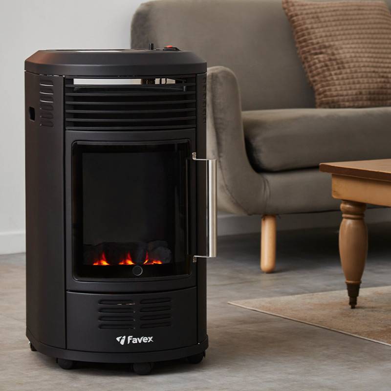 Favex - Chauffage d'appoint à gaz Volga - FAVEX - Effet feu de cheminée - Livré avec tuyau et détendeur - 6 puissances - 40 m², Noir - Image 9