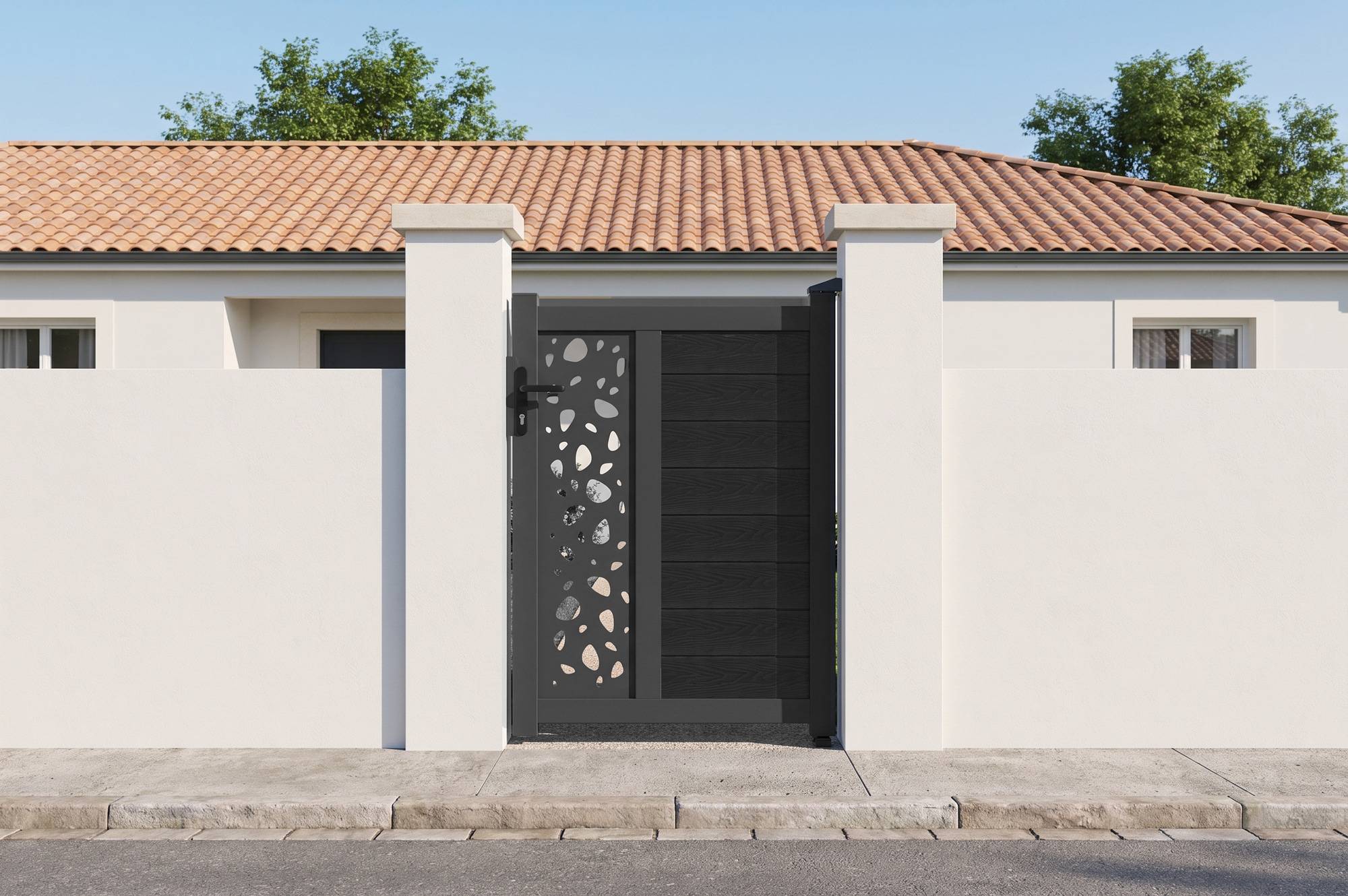 CASANOOV - Portillon bois composite 1m ATHOS SUNNY H.140cm gris anthracite avec cadre aluminium + 2 poteaux EIFEL aluminium 15x15cm