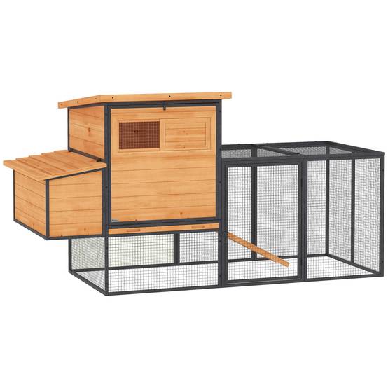 Poulailler cage à poule en bois et acier avec enclos pondoir tiroir à déjection et toit ouvert 192x81,5x104cm orange - Image 2