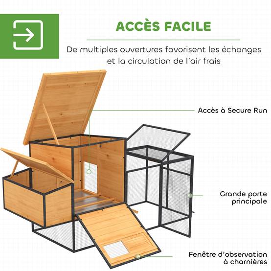 Poulailler cage à poule en bois et acier avec enclos pondoir tiroir à déjection et toit ouvert 192x81,5x104cm orange - Image 8