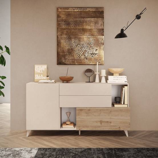 Buffet 2 portes 2 Tiroirs Laqué Beige et Aspect Bois Finition Cadiz - CARLO - Image 2