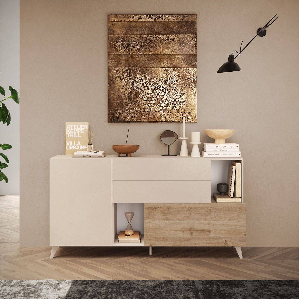 Buffet 2 portes 2 Tiroirs Laqué Beige et Aspect Bois Finition Cadiz - CARLO - Image 2