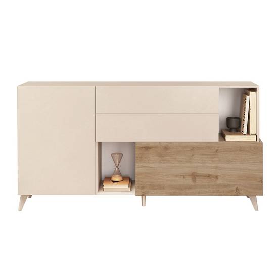 Buffet 2 portes 2 Tiroirs Laqué Beige et Aspect Bois Finition Cadiz - CARLO - Image 1