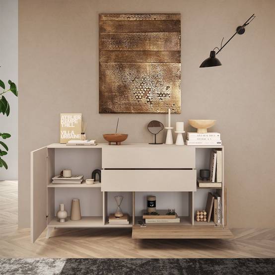Buffet 2 portes 2 Tiroirs Laqué Beige et Aspect Bois Finition Cadiz - CARLO - Image 3