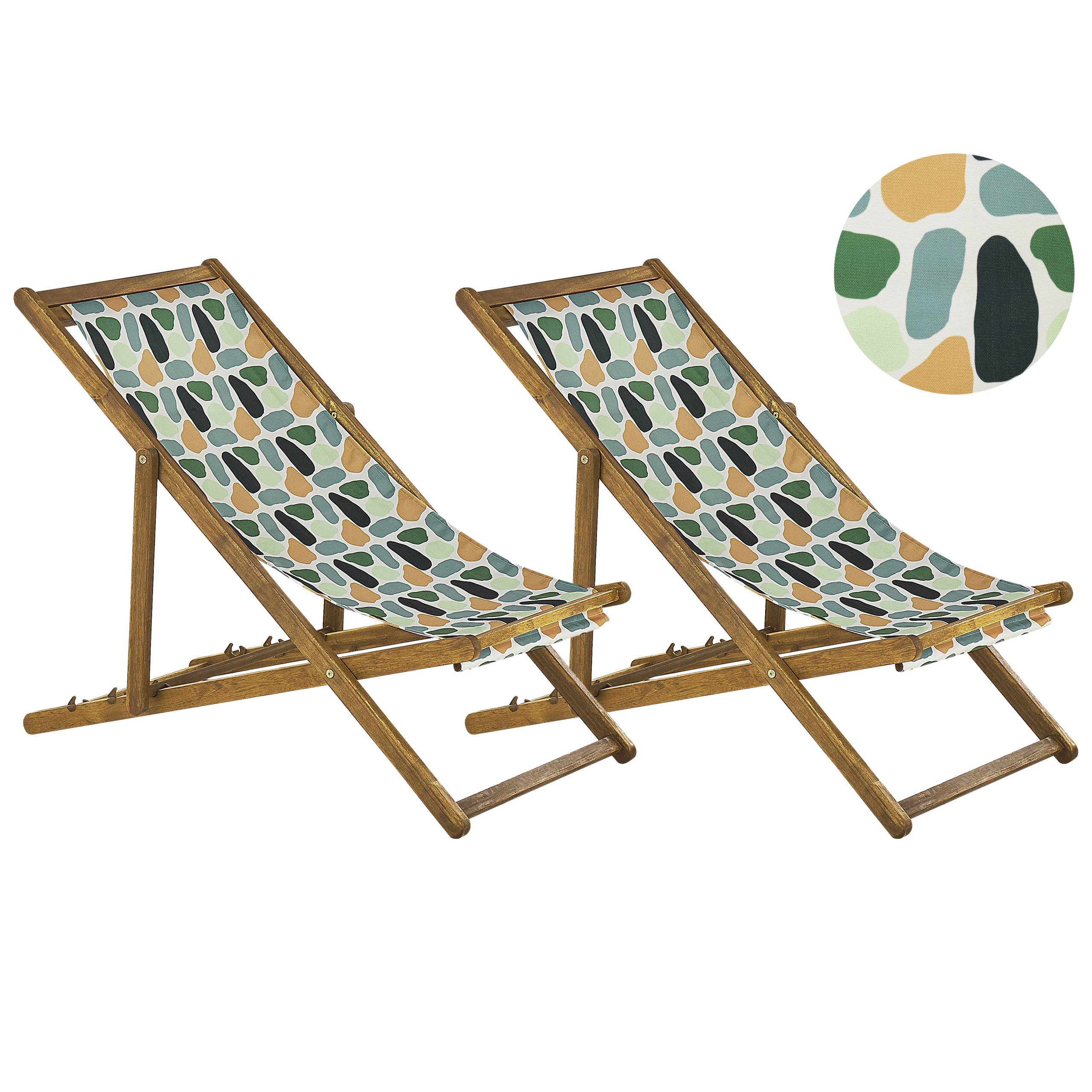 Beliani - 2 Transats Chiliennes Pliantes et Réglables en Bois d'Acacia Clair et Textile Motif Géométrique avec Toiles de Remplacement - Image 1