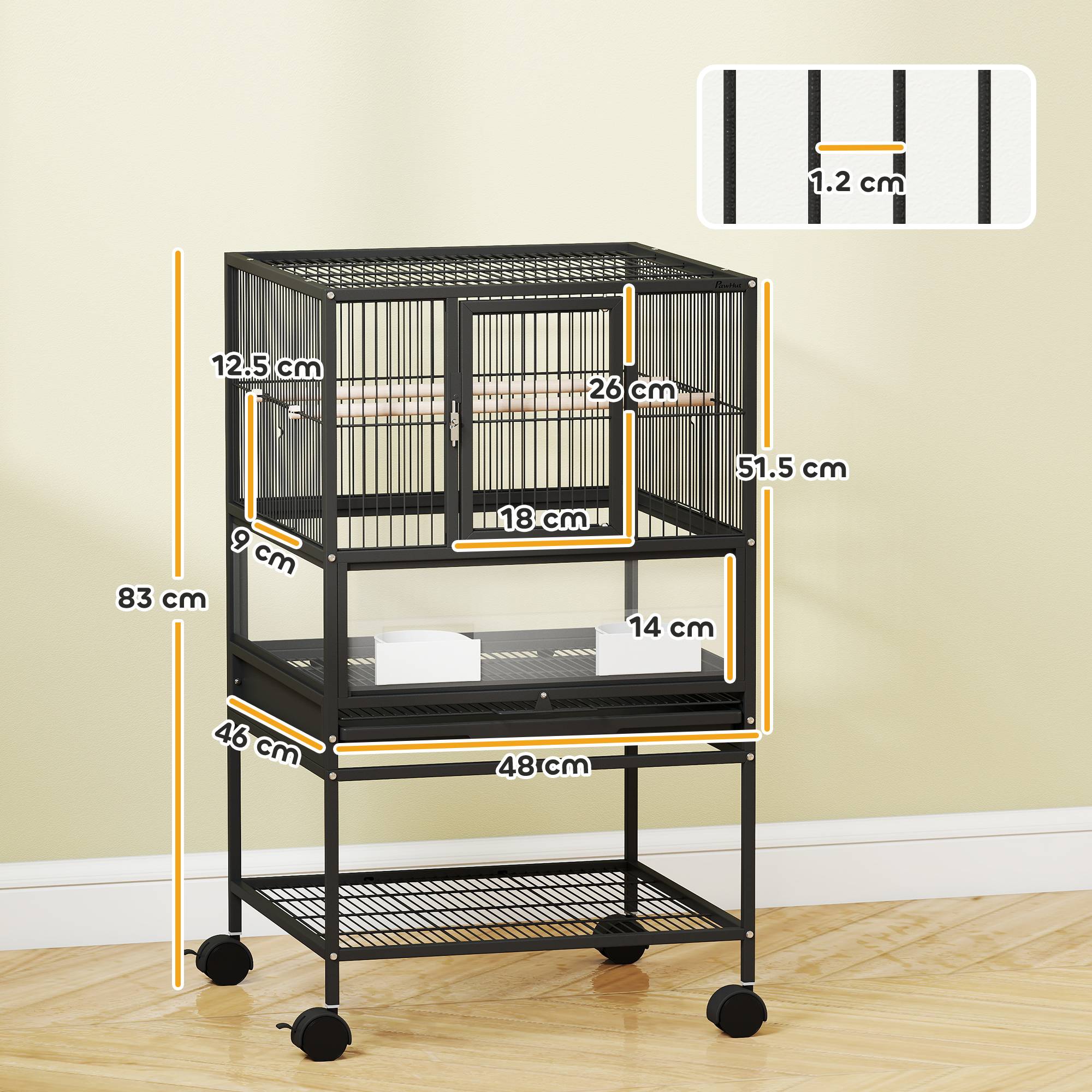 Sans Marque - Cage à oiseaux avec étagère inférieure, plateau et grille amovibles, acier et polypropylène, 48 x 46 x 83 cm, noire - Image 5
