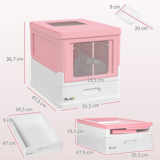 Bac à litière couvert, amovible, avec entrée frontale et sortie supérieure avec pelle, 47,5 x 35,5 x 36,7 cm, rose et blanc - Image 5