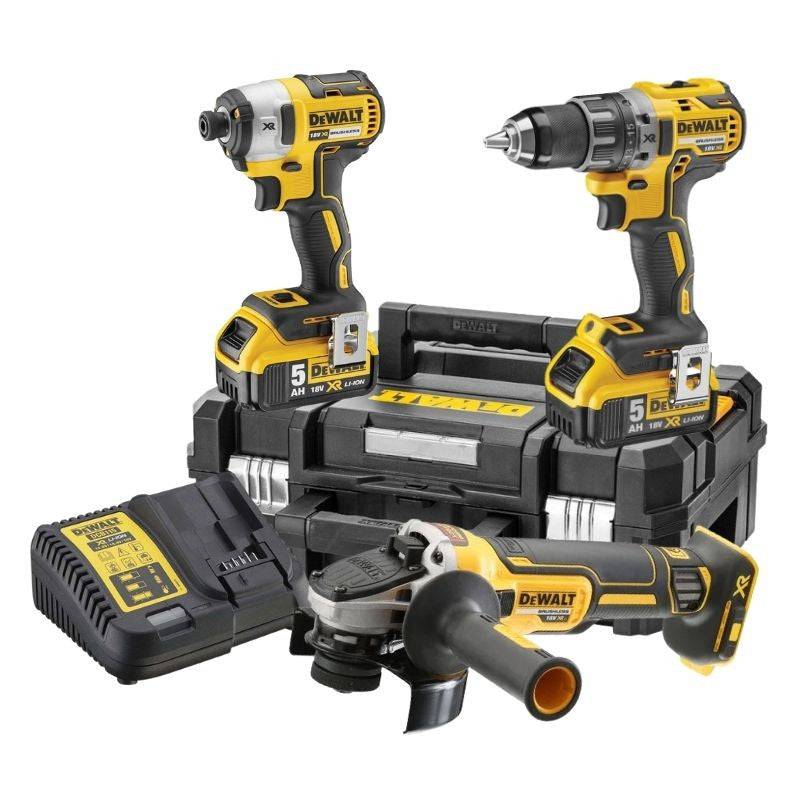 Pack 3 outils 18V DEWALT DCK384P2T-QW : perceuse-visseuse à percussion DCD796, meuleuse Ø125mm DCG405 et visseuse à choc DCF887 - Image 1