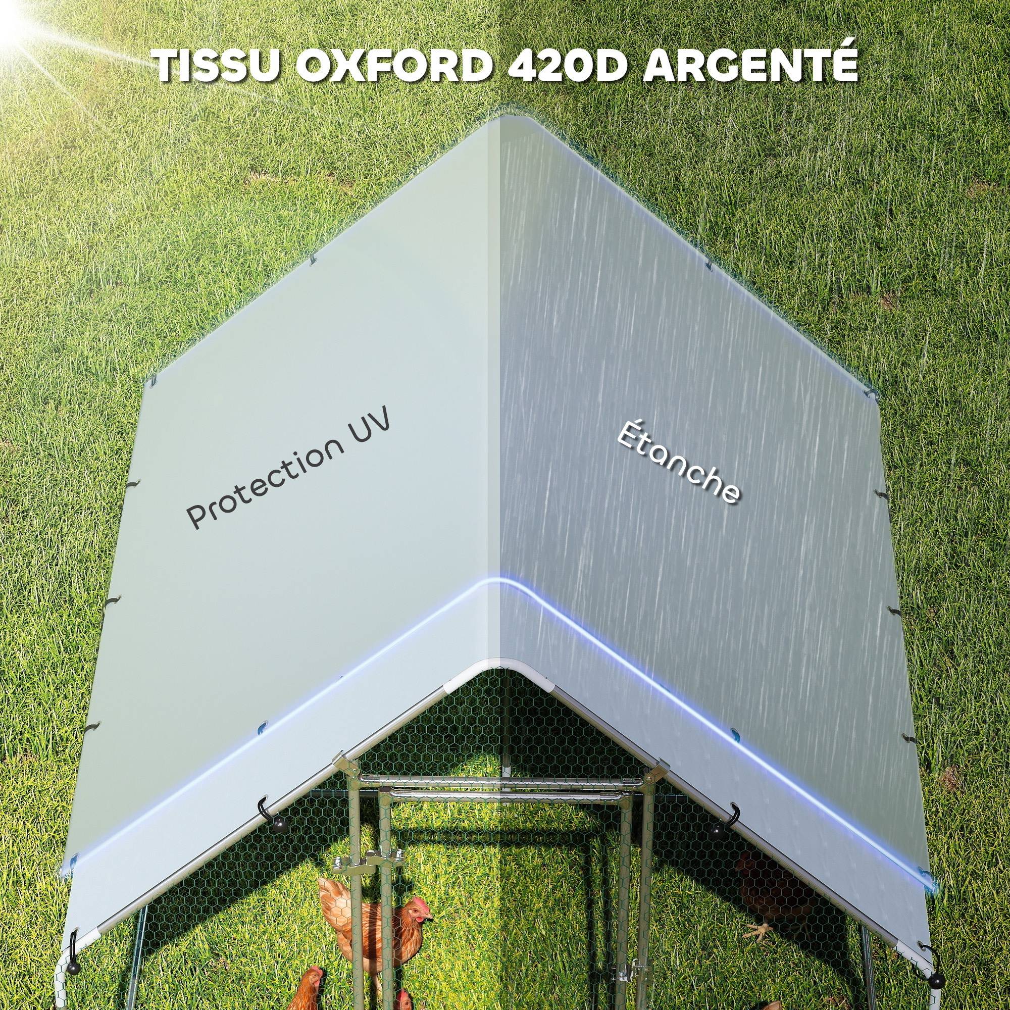 Enclos poulailler extérieur 4 m², parc grillagé - acier galvanisé Ø19mm - bâche Oxford 420D anti-UV 200x200x200cm argent - Image 9