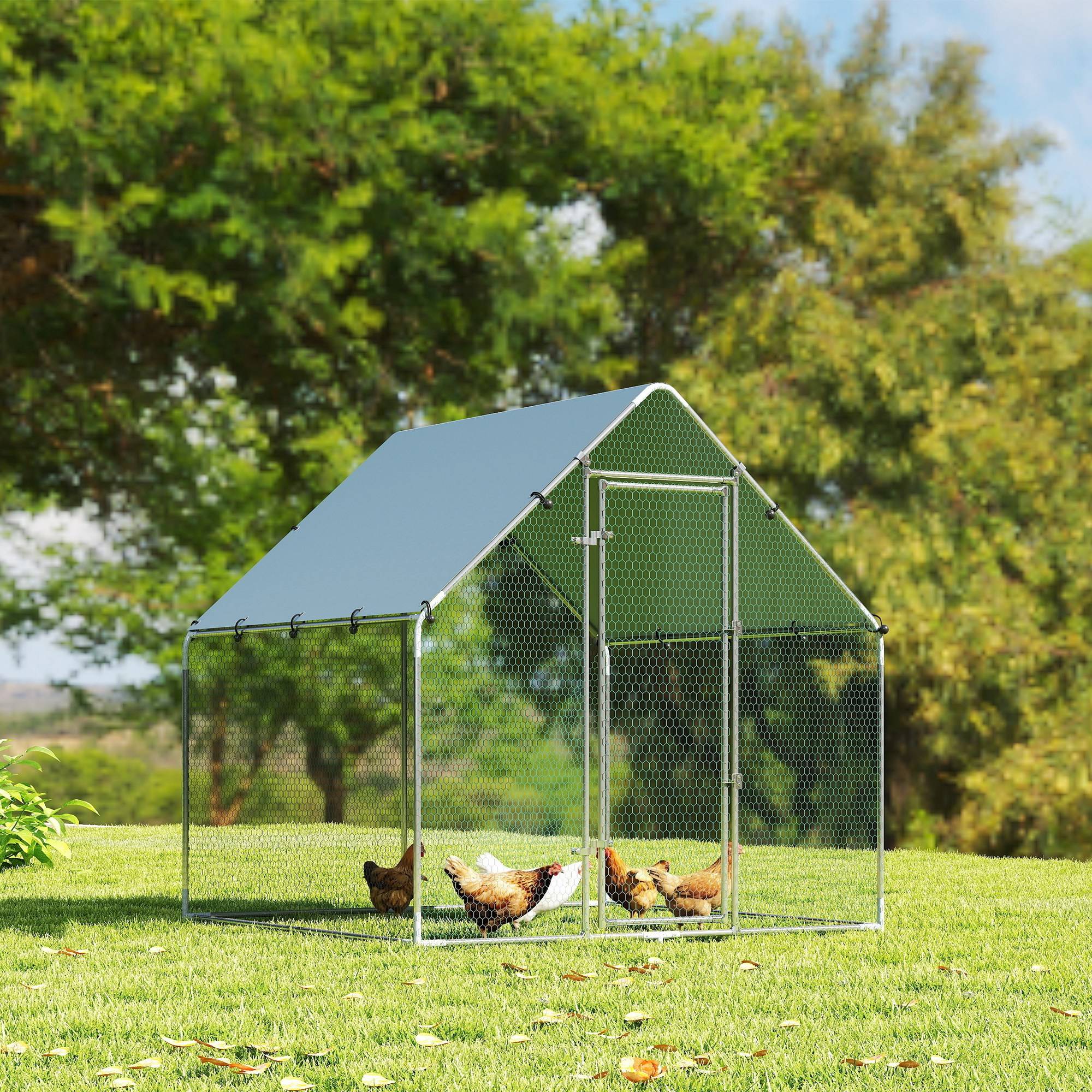 Enclos poulailler extérieur 4 m², parc grillagé - acier galvanisé Ø19mm - bâche Oxford 420D anti-UV 200x200x200cm argent - Image 4