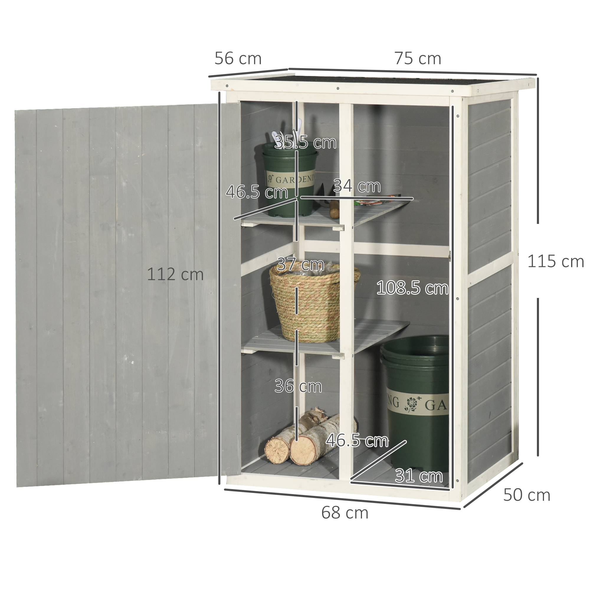 Armoire de Jardin Bois Sapin Rangement Outils Extérieur Toit Bitumé 2 Étagères Noir 75x56x115cm - ComfortXL Outdoor Living - Image 3