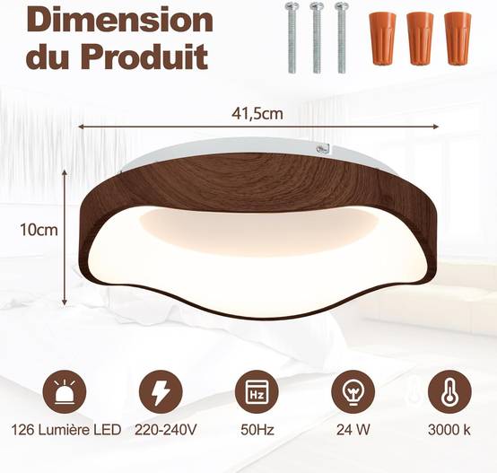 Plafonnier LED 24W, Éclairage de Plafond 3000K à Lumière Chaude, pour Chambre, Ø41,5CM, Marron - Image 4