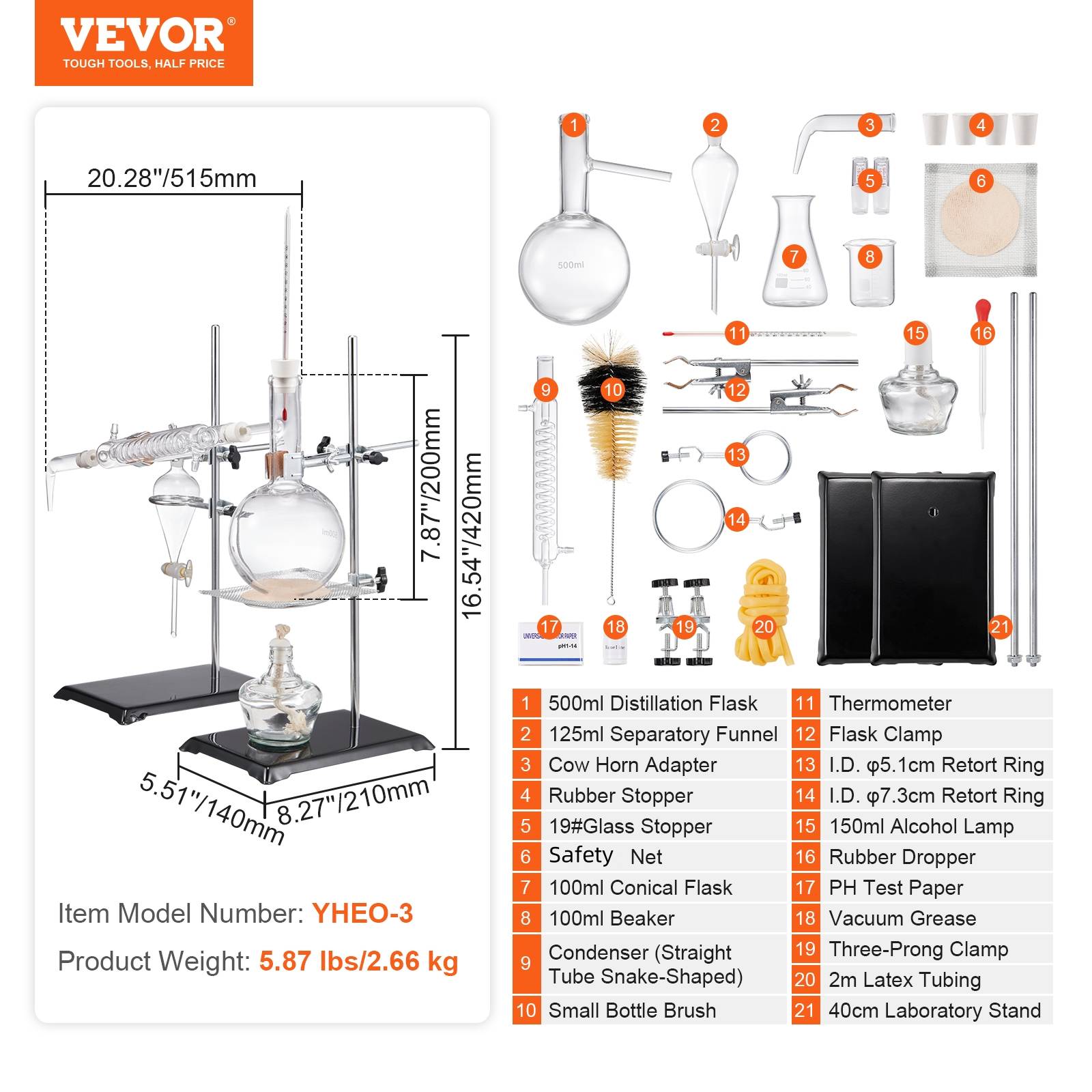 Vevor - VEVOR Kit distillation huiles essentielles, 500 mL. Verrerie boro 3.3, lampe alcool. 28 pièces. - Image 7