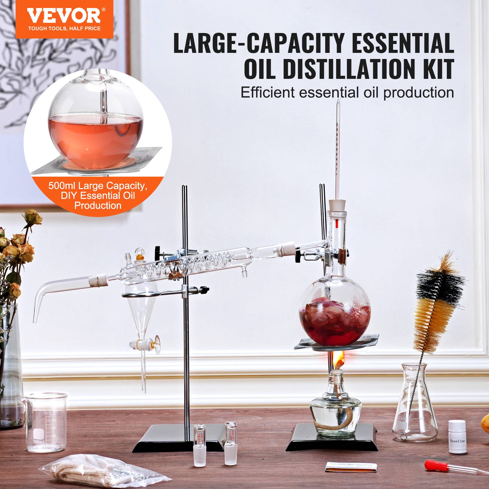 Vevor - VEVOR Kit distillation huiles essentielles, 500 mL. Verrerie boro 3.3, lampe alcool. 28 pièces. - Image 2