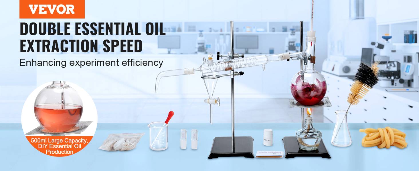 Vevor - VEVOR Kit distillation huiles essentielles, 500 mL. Verrerie boro 3.3, lampe alcool. 28 pièces. - Image 9