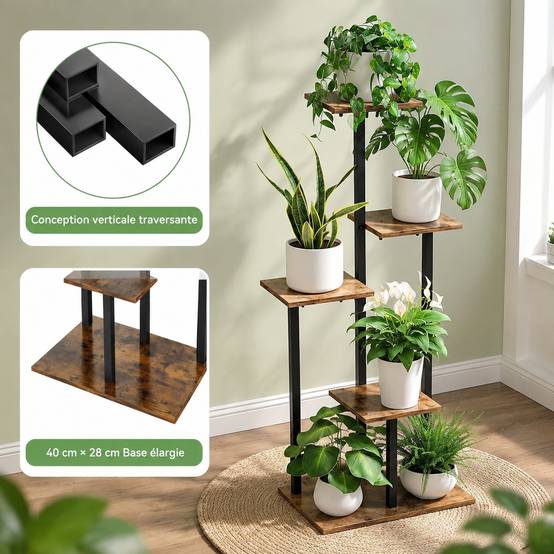 Support Étagère à Plantes 5 Niveaux Métal et Bois Design Étagéré Économiseur dEspace Industriel - Image 4
