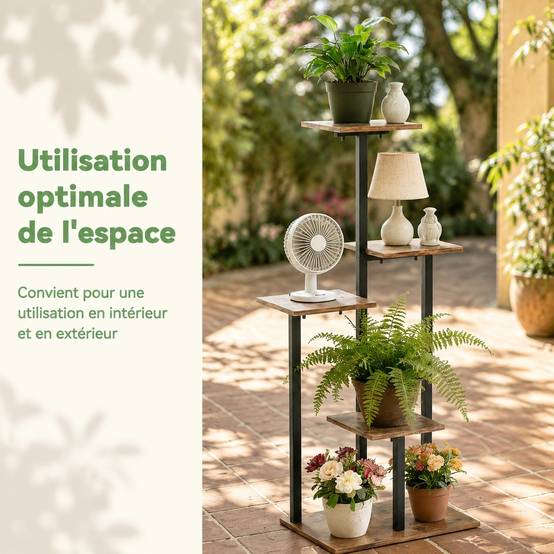 Support Étagère à Plantes 5 Niveaux Métal et Bois Design Étagéré Économiseur dEspace Industriel - Image 5