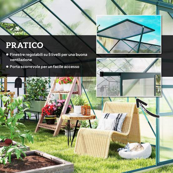Serre de jardin aluminium polycarbonate culture potager porte coulissante 244x500x216cm - ComfortXL Outdoor Living - Image 7