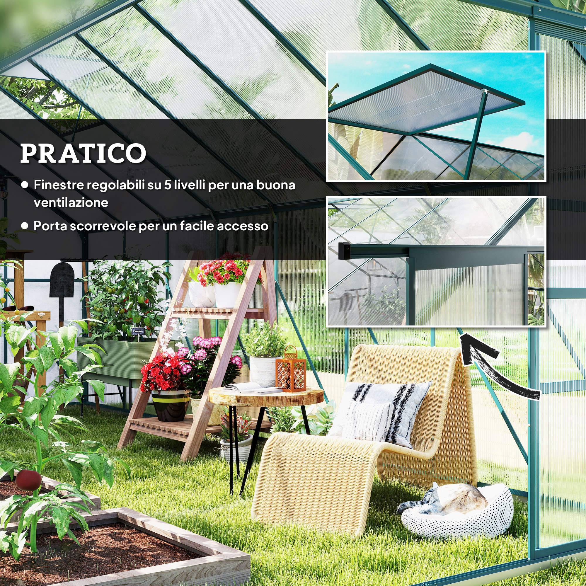 Serre de jardin aluminium polycarbonate culture potager porte coulissante 244x500x216cm - ComfortXL Outdoor Living - Image 7